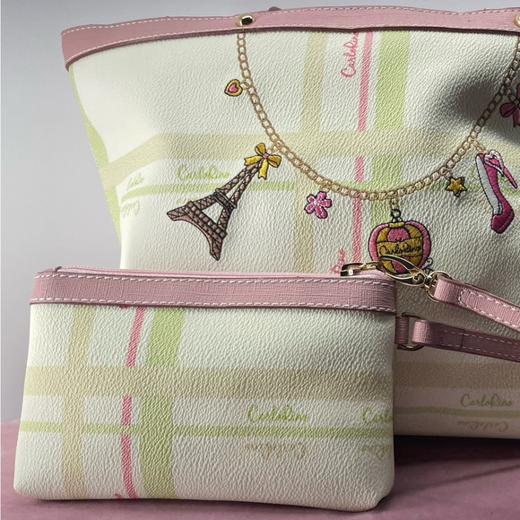 Carlo Rino Vinyl Satchel Shoulder Bag Cinderella Charm 
Matching Wristlet - Picture 2 of 9